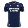 Show your support for Scotland with the Macron Scotland SRU 26/27 Replica Home Jersey, featuring a classic navy blue design with white "Arnold Clark" sponsor branding, the official Scotland rugby logo, and crisp white accents on the collar and sleeves—ideal for any passionate Scotland rugby fan.
