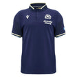 Introducing the Scotland SRU 26/27 Cotton Replica Home Jersey by Macron—a navy blue short-sleeve rugby polo shirt featuring the official Scotland rugby logo, "Arnold Clark" text, and crisp white trim on the collar and sleeves. Crafted from premium cotton, this replica home jersey captures authentic team style from renowned brand Macron.