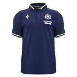 Introducing the Scotland SRU 26/27 Cotton Replica Home Jersey by Macron—a navy blue short-sleeve rugby polo shirt featuring the official Scotland rugby logo, "Arnold Clark" text, and crisp white trim on the collar and sleeves. Crafted from premium cotton, this replica home jersey captures authentic team style from renowned brand Macron.