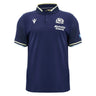 Introducing the Scotland SRU 26/27 Cotton Replica Home Jersey by Macron—a navy blue short-sleeve rugby polo shirt featuring the official Scotland rugby logo, "Arnold Clark" text, and crisp white trim on the collar and sleeves. Crafted from premium cotton, this replica home jersey captures authentic team style from renowned brand Macron.
