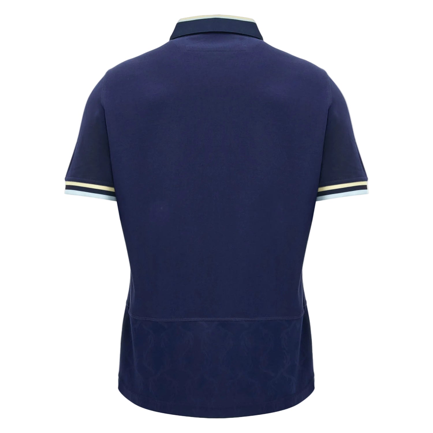 With its classic Scotland rugby jersey design, the Scotland SRU 26/27 Cotton Replica Home Jersey by Macron features a navy blue color, short sleeves, a collar, and striped trim on the sleeve cuffs. Crafted from soft cotton by Macron, this replica home jersey combines comfort and style for dedicated fans.