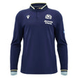 Introducing the Scotland SRU 26/27 Cotton Replica Long Sleeve Home Jersey by Macron: this navy jersey showcases the official Scotland logo, “Arnold Clark” sponsor detailing, and a small Scottish flag on the left sleeve. Crafted from comfortable cotton as a replica jersey, it’s enhanced with white and light blue trim on the collar and cuffs—ideal for fans who love the classic style of Scotland rugby jerseys.