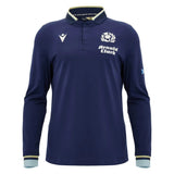 Introducing the Scotland SRU 26/27 Cotton Replica Long Sleeve Home Jersey by Macron: this navy jersey showcases the official Scotland logo, “Arnold Clark” sponsor detailing, and a small Scottish flag on the left sleeve. Crafted from comfortable cotton as a replica jersey, it’s enhanced with white and light blue trim on the collar and cuffs—ideal for fans who love the classic style of Scotland rugby jerseys.