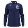 Introducing the Scotland SRU 26/27 Cotton Replica Long Sleeve Home Jersey by Macron: this navy jersey showcases the official Scotland logo, “Arnold Clark” sponsor detailing, and a small Scottish flag on the left sleeve. Crafted from comfortable cotton as a replica jersey, it’s enhanced with white and light blue trim on the collar and cuffs—ideal for fans who love the classic style of Scotland rugby jerseys.