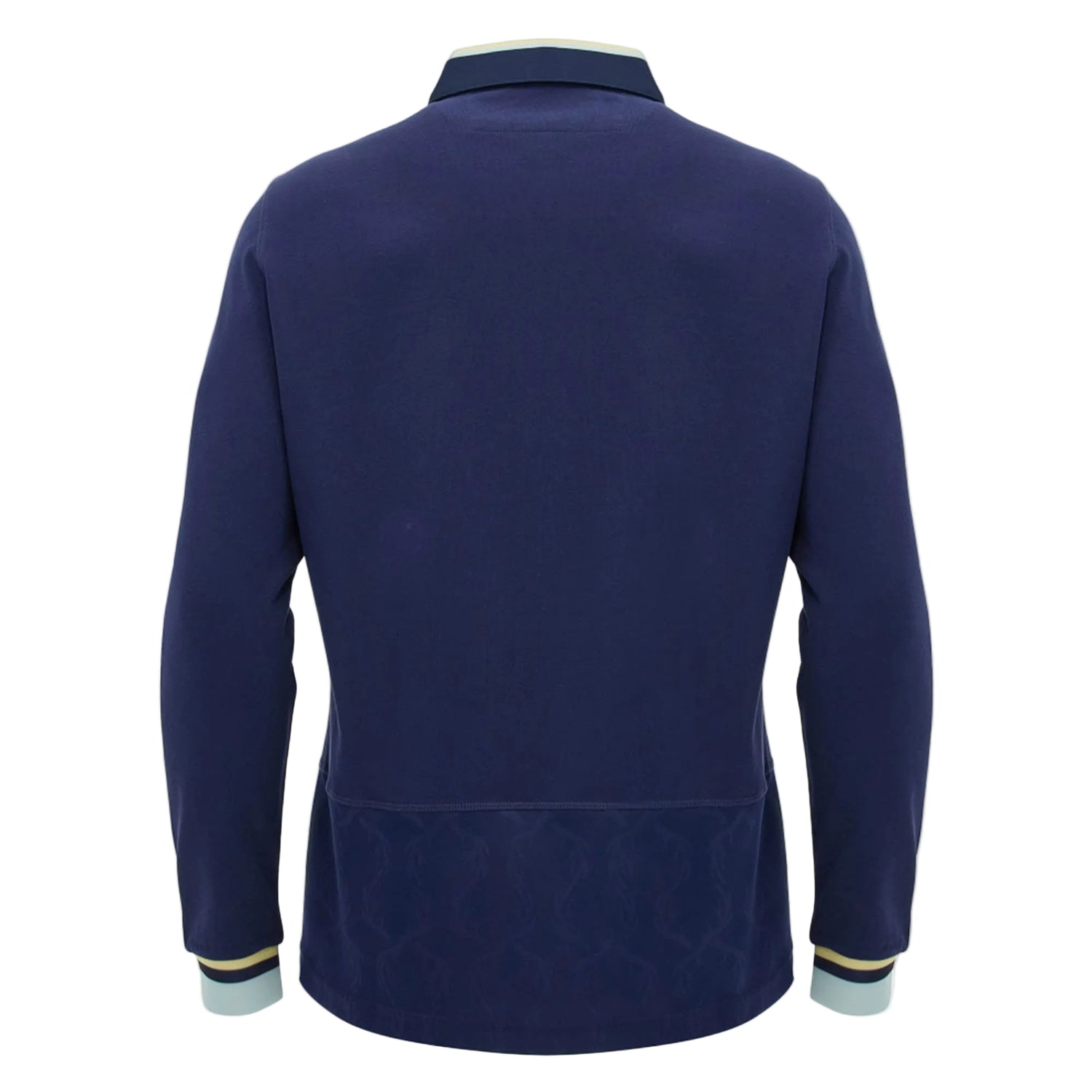 The Scotland SRU 26/27 Cotton Replica Long Sleeve Home Jersey by Macron, shown from the back in navy blue, is styled as a cotton replica jersey and features contrasting light blue collar and cuffs accented with yellow trim.