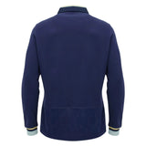 The Scotland SRU 26/27 Cotton Replica Long Sleeve Home Jersey by Macron, shown from the back in navy blue, is styled as a cotton replica jersey and features contrasting light blue collar and cuffs accented with yellow trim.