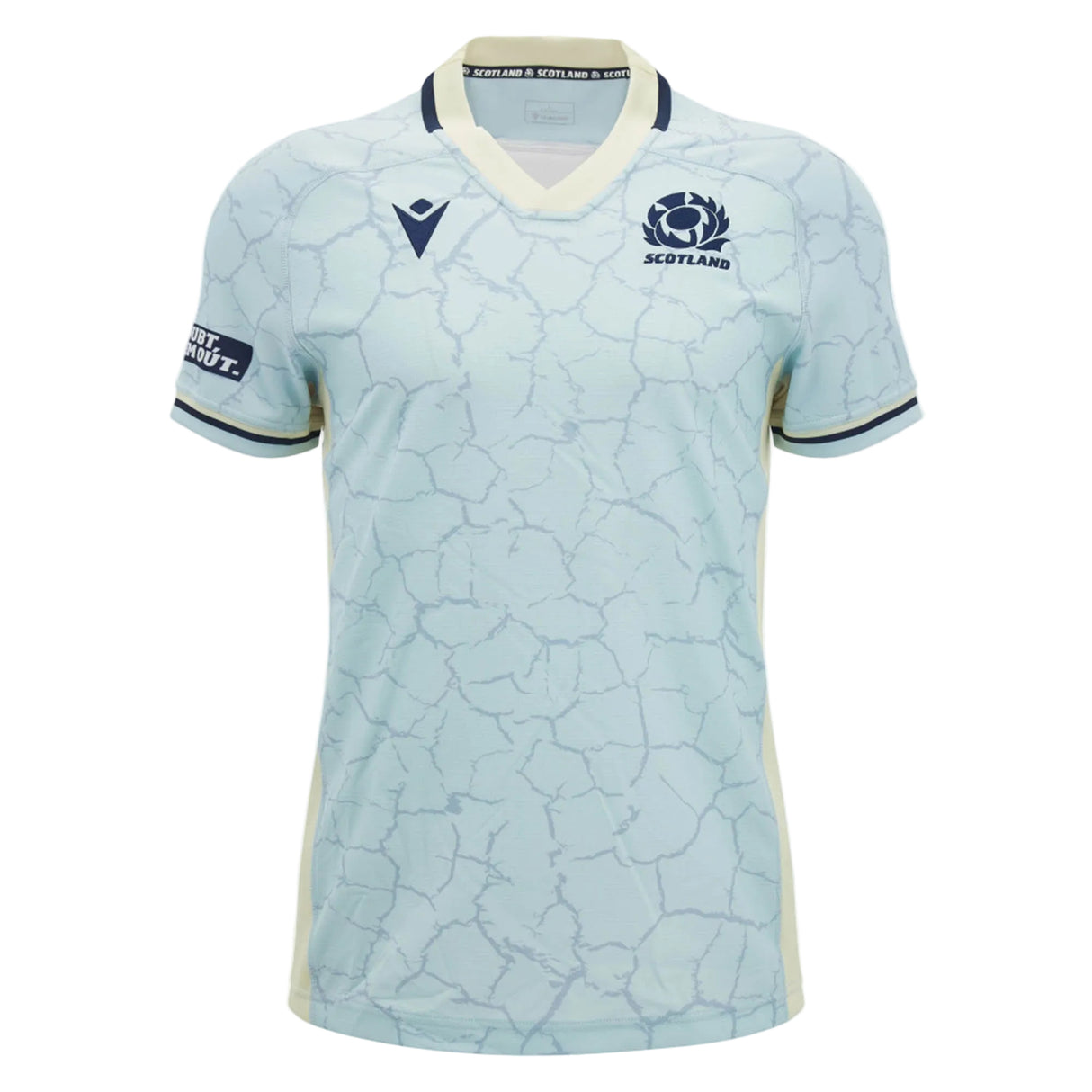 The Scotland SRU 26/27 Replica Training Jersey by Macron features a light blue base with dark blue trim, a distinctive cracked pattern design, and a V-neck. This replica training jersey showcases Scotland and sponsor logos on the chest and sleeve.
