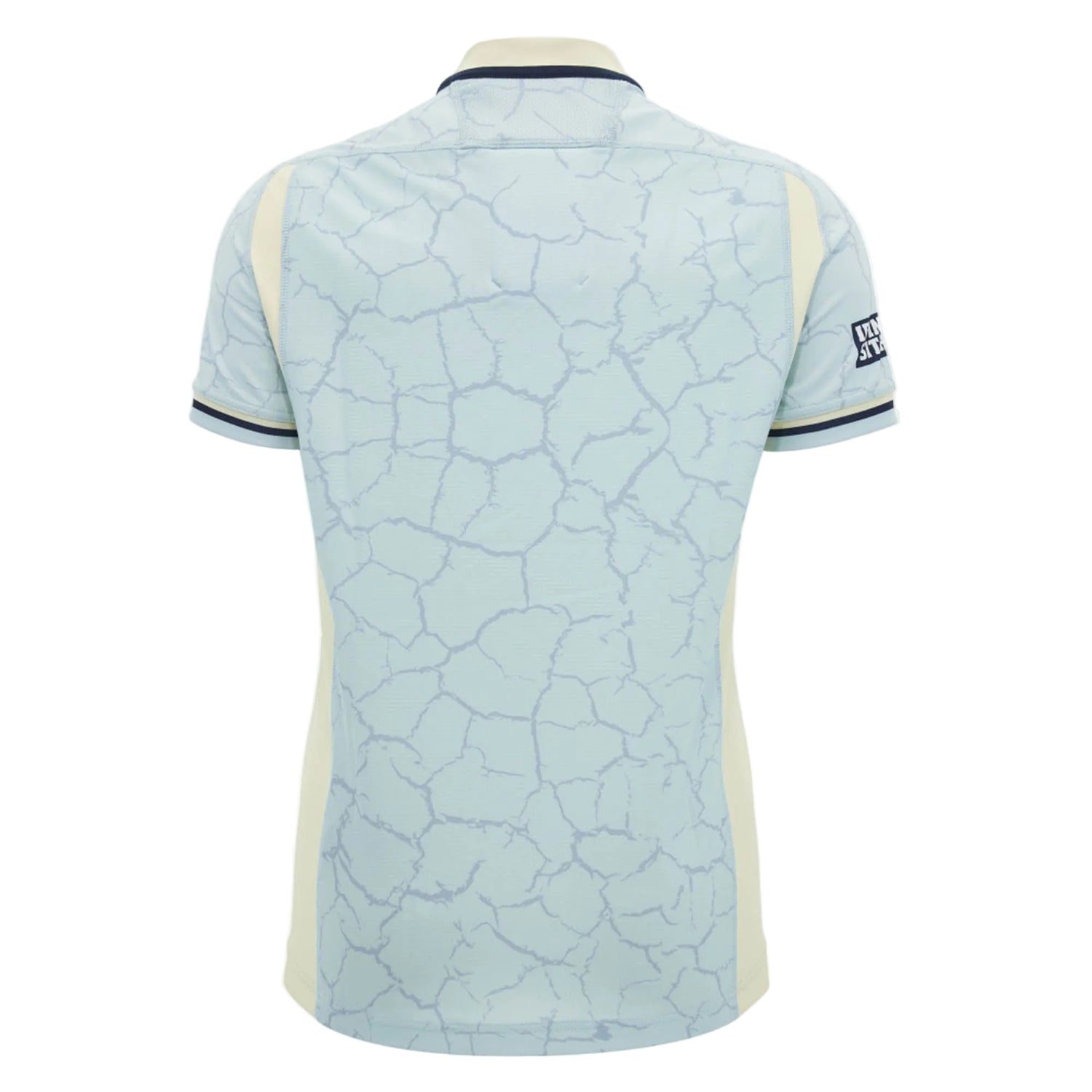 Light blue short-sleeve Scotland SRU 26/27 Replica Training Jersey by Macron featuring a cracked pattern, navy collar trim, and side panels, shown from the back. Inspired by the official Scotland Rugby Jersey design for a stylish, high-performance look.