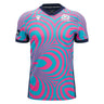 The Scotland SRU 26/27 Replica Training Jersey by Macron features blue and pink concentric circle patterns, a navy collar and sleeve trim, and prominently displays the Scotland Rugby logo on the chest. Crafted by Macron, it’s perfect for fans looking for an authentic Scotland Rugby Jersey look.