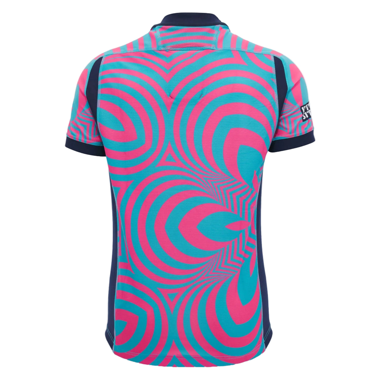Back view of the Scotland SRU 26/27 Replica Training Jersey by Macron, a short-sleeve polo shirt featuring a bright pink and teal geometric spiral pattern with navy blue trim on the collar, sleeves, and sides—a vibrant design inspired by iconic Scotland Rugby style from Macron.