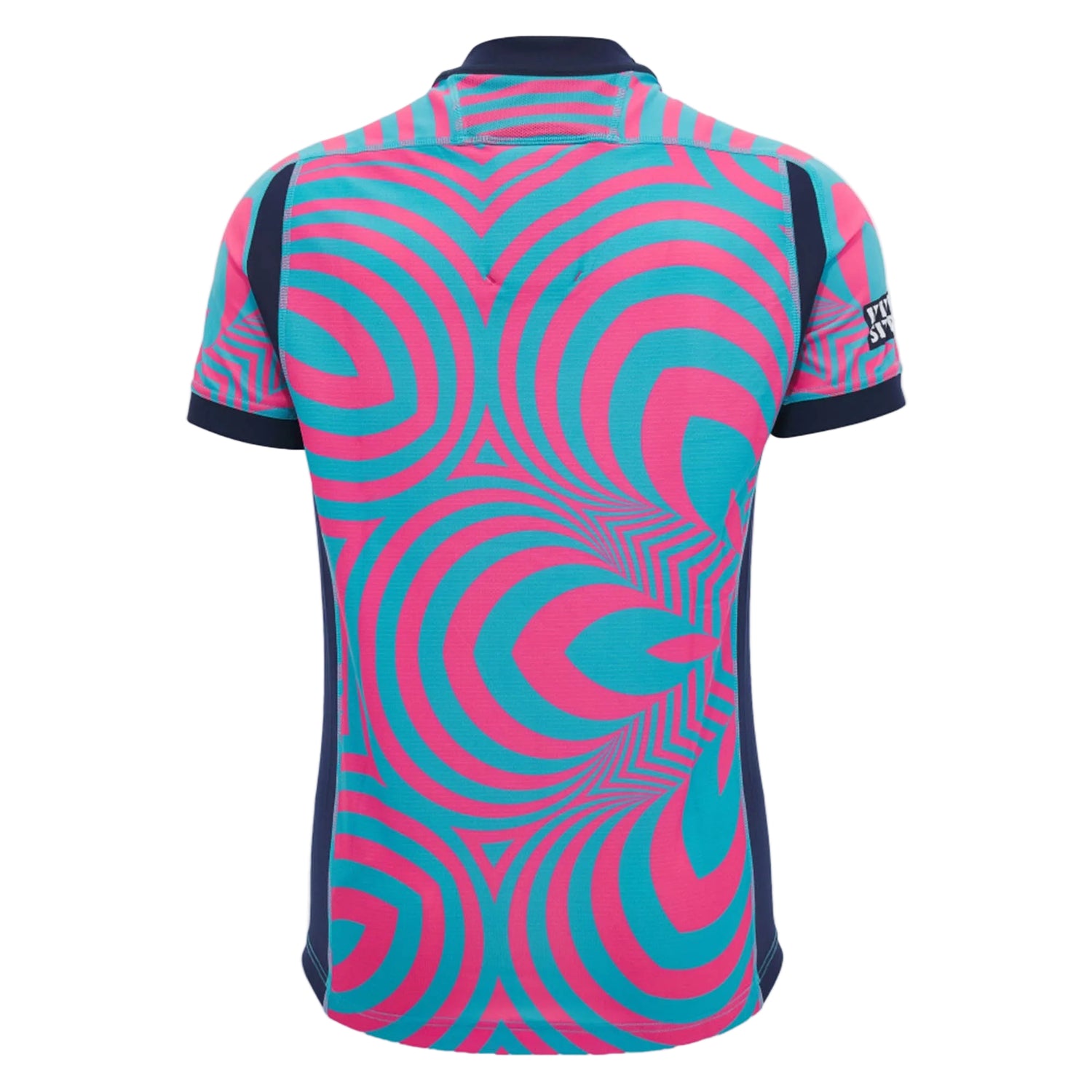 Back view of the Scotland SRU 26/27 Replica Training Jersey by Macron, a short-sleeve polo shirt featuring a bright pink and teal geometric spiral pattern with navy blue trim on the collar, sleeves, and sides—a vibrant design inspired by iconic Scotland Rugby style from Macron.