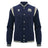 The Scotland SRU 26/27 Anthem Varsity Jacket by Macron features a navy blue design with cream trim, button closure, and the Scotland Rugby team logo on the left chest.