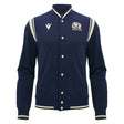 The Scotland SRU 26/27 Anthem Varsity Jacket by Macron features a navy blue design with cream trim, button closure, and the Scotland Rugby team logo on the left chest.