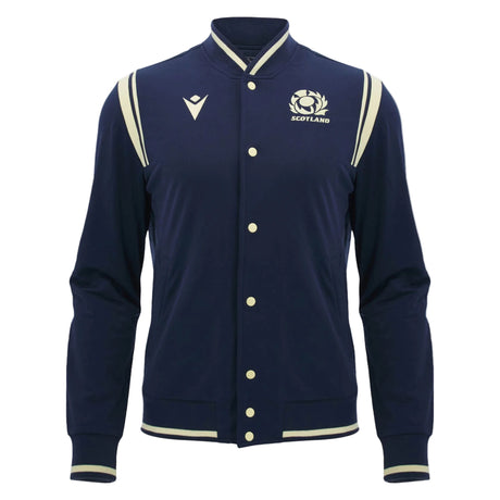 The Scotland SRU 26/27 Anthem Varsity Jacket by Macron features a navy blue design with cream trim, button closure, and the Scotland Rugby team logo on the left chest.