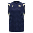 Officially crafted by Macron, the Scotland SRU 26/27 Player Training Singlet is a sleeveless navy athletic tank top featuring the Scotland rugby logo on the chest and light diagonal accents on the shoulders and sides, designed for peak player performance.