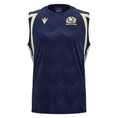 Officially crafted by Macron, the Scotland SRU 26/27 Player Training Singlet is a sleeveless navy athletic tank top featuring the Scotland rugby logo on the chest and light diagonal accents on the shoulders and sides, designed for peak player performance.