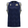 Officially crafted by Macron, the Scotland SRU 26/27 Player Training Singlet is a sleeveless navy athletic tank top featuring the Scotland rugby logo on the chest and light diagonal accents on the shoulders and sides, designed for peak player performance.