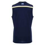 The Scotland SRU 26/27 Player Training Singlet by Macron is a navy blue sleeveless athletic jersey designed for rugby training, featuring a small Scottish flag on the upper back and a light yellow horizontal stripe below the shoulders. This player tank top is part of the Macron 2026/27 collection.