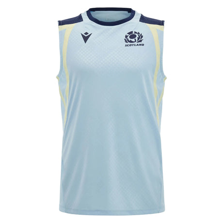 The Scotland SRU 26/27 Player Training Singlet by Macron is a sleeveless light blue training tank top, featuring dark blue shoulder accents, the official Scotland Rugby logo, and the Macron branding from the 2026/27 season on the chest—perfectly designed for player performance.