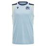 The Scotland SRU 26/27 Player Training Singlet by Macron is a sleeveless light blue training tank top, featuring dark blue shoulder accents, the official Scotland Rugby logo, and the Macron branding from the 2026/27 season on the chest—perfectly designed for player performance.