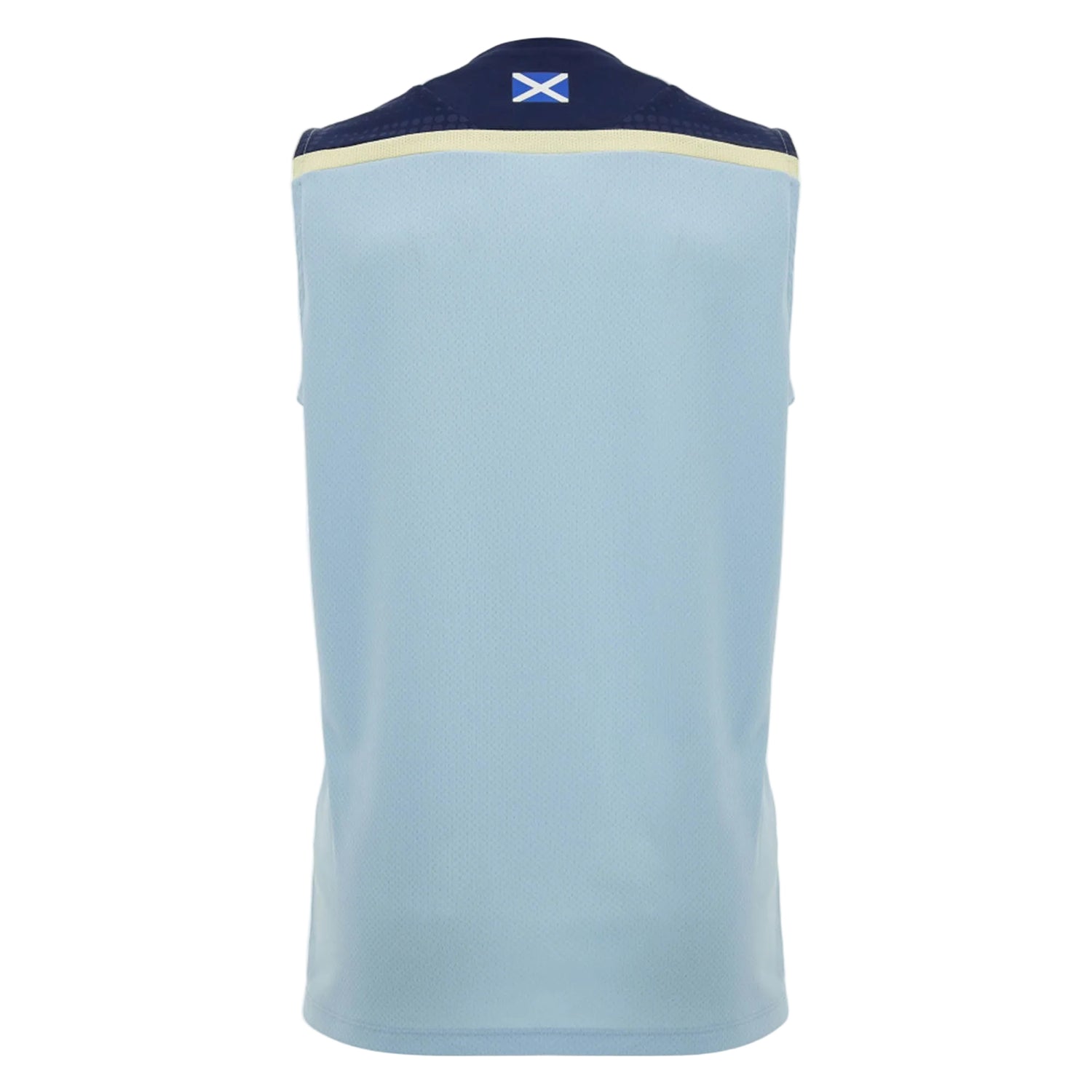 Light blue sleeveless Scotland SRU 26/27 Player Training Singlet by Macron shown from the back, featuring a small Scottish flag on the upper navy section near the collar; this Macron singlet showcases national pride and athletic performance.
