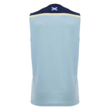 Light blue sleeveless Scotland SRU 26/27 Player Training Singlet by Macron shown from the back, featuring a small Scottish flag on the upper navy section near the collar; this Macron singlet showcases national pride and athletic performance.