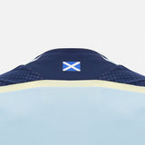 The back of the Scotland SRU 26/27 Player Training Singlet by Macron showcases the Scottish flag near the collar and features a striking combination of navy blue and light blue. This official Macron training singlet blends advanced performance technology with national pride.
