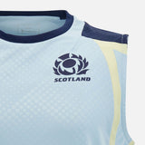 Close-up of the Scotland SRU 26/27 Player Training Singlet by Macron, a sleeveless light blue top featuring the iconic thistle logo and "SCOTLAND" printed on the chest. This official Macron singlet combines athletic style with team pride for the 2026/27 season.