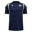 Introducing the Scotland SRU 26/27 Player Training Shirt by Macron—this navy blue rugby jersey features light yellow accents, a striking geometric pattern, and the team logo on the chest. Expertly crafted for both fans and athletes, this official Macron training shirt combines classic Scottish Rugby tradition with high-performance comfort, perfect whether you're cheering from the stands or hitting the training field.