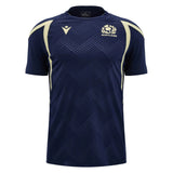 Introducing the Scotland SRU 26/27 Player Training Shirt by Macron—this navy blue rugby jersey features light yellow accents, a striking geometric pattern, and the team logo on the chest. Expertly crafted for both fans and athletes, this official Macron training shirt combines classic Scottish Rugby tradition with high-performance comfort, perfect whether you're cheering from the stands or hitting the training field.