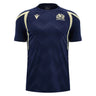 Introducing the Scotland SRU 26/27 Player Training Shirt by Macron—this navy blue rugby jersey features light yellow accents, a striking geometric pattern, and the team logo on the chest. Expertly crafted for both fans and athletes, this official Macron training shirt combines classic Scottish Rugby tradition with high-performance comfort, perfect whether you're cheering from the stands or hitting the training field.
