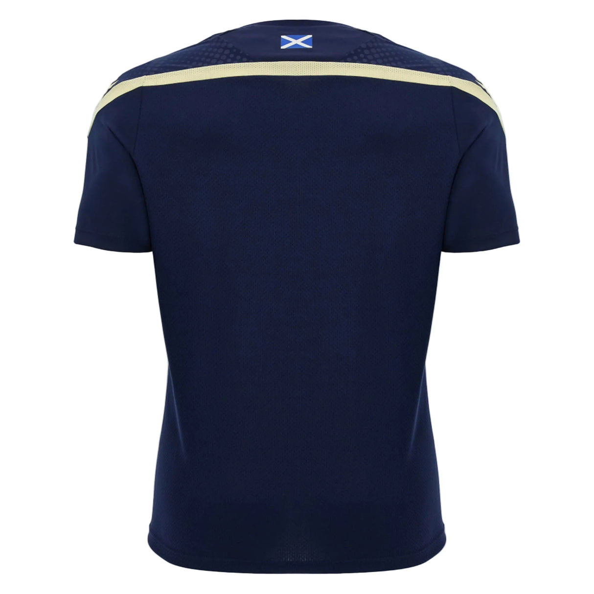 Navy blue Scotland SRU 26/27 Player Training Shirt by Macron shown from the back, featuring a small Scottish flag near the collar and a light-colored stripe across the shoulders. This official Macron training shirt is designed for dedicated Scotland Rugby players and fans, capturing authentic SRU style.