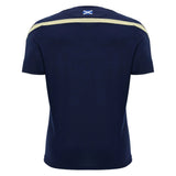Navy blue Scotland SRU 26/27 Player Training Shirt by Macron shown from the back, featuring a small Scottish flag near the collar and a light-colored stripe across the shoulders. This official Macron training shirt is designed for dedicated Scotland Rugby players and fans, capturing authentic SRU style.