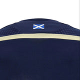 Close-up of the upper back of the Scotland SRU 26/27 Player Training Shirt by Macron, featuring a small Scottish flag on the collar and light-colored trim below it.