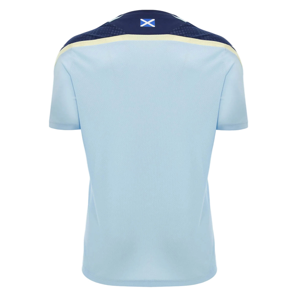 Back view of the Scotland SRU 26/27 Player Training Shirt by Macron in light blue, featuring short sleeves, dark blue and yellow accents, and a small Scottish flag below the collar.