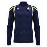 Introducing the Scotland SRU 26/27 Training 1/4 Zip by Macron—a navy blue long-sleeve training top featuring cream accents, a Macron quarter-zip, and the Scottish Rugby Union emblem on the left chest.
