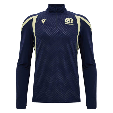 Introducing the Scotland SRU 26/27 Training 1/4 Zip by Macron—a navy blue long-sleeve training top featuring cream accents, a Macron quarter-zip, and the Scottish Rugby Union emblem on the left chest.
