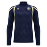 Introducing the Scotland SRU 26/27 Training 1/4 Zip by Macron—a navy blue long-sleeve training top featuring cream accents, a Macron quarter-zip, and the Scottish Rugby Union emblem on the left chest.