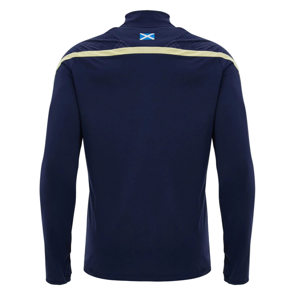 The Scotland SRU 26/27 Training 1/4 Zip by Macron is pictured from the back, featuring a navy long-sleeve design with a small Scottish flag at the upper center and contrasting accents across the shoulders—this official training top from Macron combines a sleek 1/4 zip style, making it an ideal choice for fans of the Scottish Rugby Union.