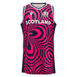 Show your Scottish pride on or off the court with the Scotland SRU 26/27 Basketball Singlet by Macron—a sleeveless singlet featuring bold pink and navy swirling geometric patterns, the iconic Scotland logo, and "SCOTLAND" emblazoned across the chest.