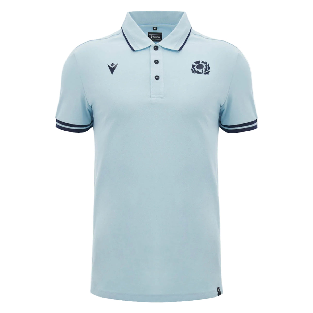 Introducing the Scotland SRU 26/27 Travel Polo by Macron—a light blue short-sleeve polo featuring a collar, button placket, dark trim on the sleeves, and two embroidered logos on the chest.