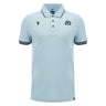 Introducing the Scotland SRU 26/27 Travel Polo by Macron—a light blue short-sleeve polo featuring a collar, button placket, dark trim on the sleeves, and two embroidered logos on the chest.