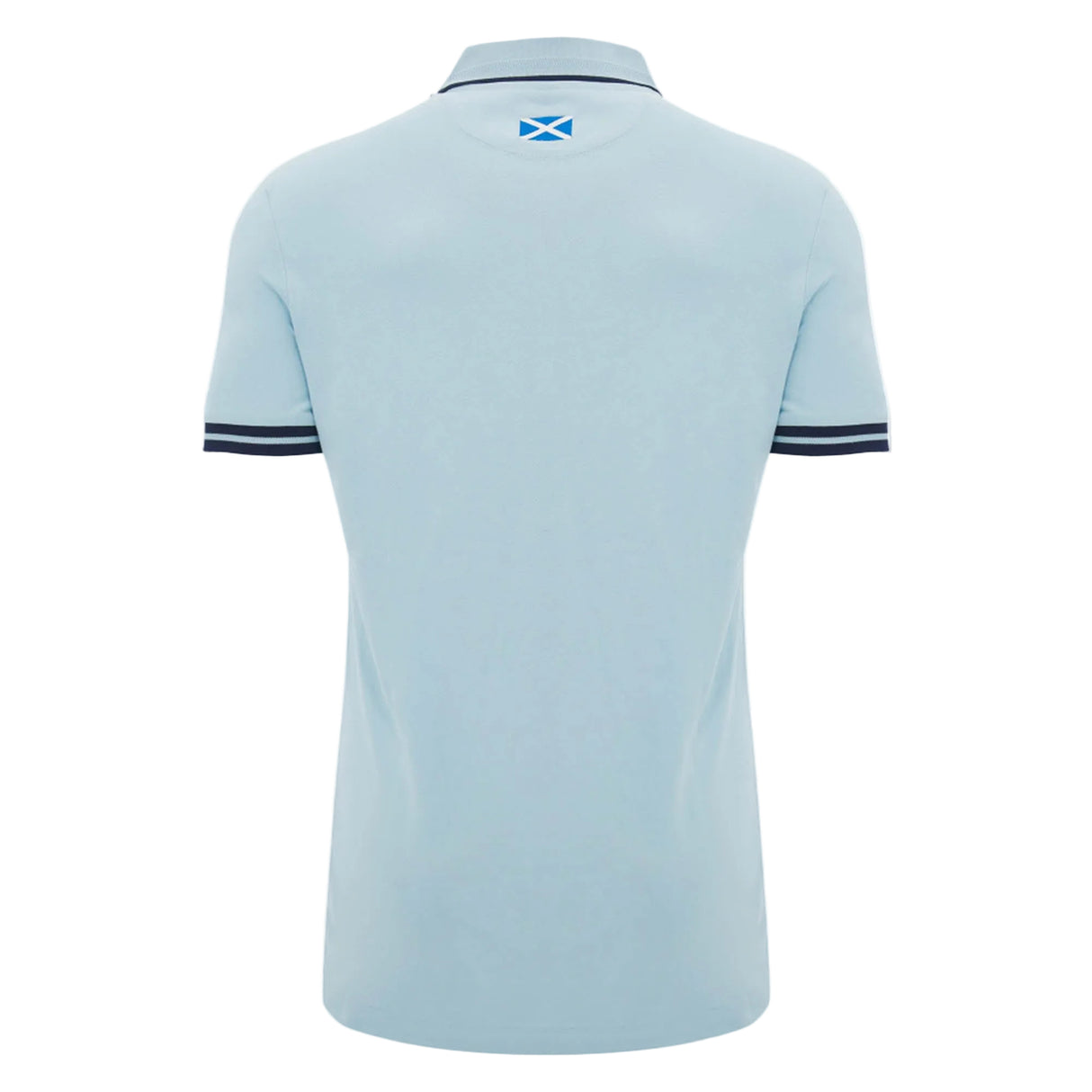 The Scotland SRU 26/27 Travel Polo by Macron is shown from the back in light blue, featuring a small Scottish flag beneath the collar and dark stripes on the sleeve cuffs.