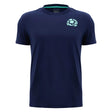 Scotland SRU 26/27 Leisure Cotton T-Shirt by Macron in navy blue, featuring a small light blue emblem on the left chest, inspired by the official Scotland Rugby t-shirt, showcased on a plain white background.