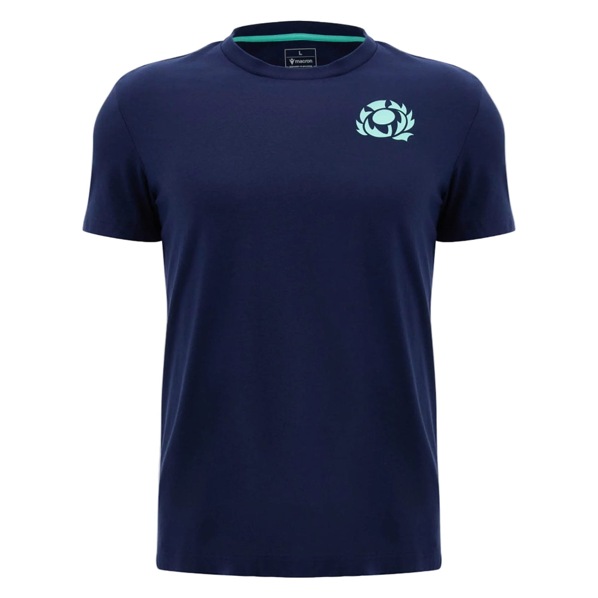 Scotland SRU 26/27 Leisure Cotton T-Shirt by Macron in navy blue, featuring a small light blue emblem on the left chest, inspired by the official Scotland Rugby t-shirt, showcased on a plain white background.