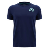 Scotland SRU 26/27 Leisure Cotton T-Shirt by Macron in navy blue, featuring a small light blue emblem on the left chest, inspired by the official Scotland Rugby t-shirt, showcased on a plain white background.
