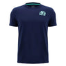 Scotland SRU 26/27 Leisure Cotton T-Shirt by Macron in navy blue, featuring a small light blue emblem on the left chest, inspired by the official Scotland Rugby t-shirt, showcased on a plain white background.