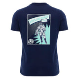 The Scotland SRU 26/27 Leisure Cotton T-Shirt by Macron is a navy official Scottish Rugby Union merchandise featuring a graphic of a rugby player, the text "Scotland Rugby 1871," and a stylized rugby ball design on the back.