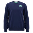 The Scotland SRU 26/27 Leisure Sweatshirt by Macron features a navy blue crewneck design with a light blue emblem on the left chest, inspired by the Scotland Rugby sweatshirt collection, and is presented against a plain white background.