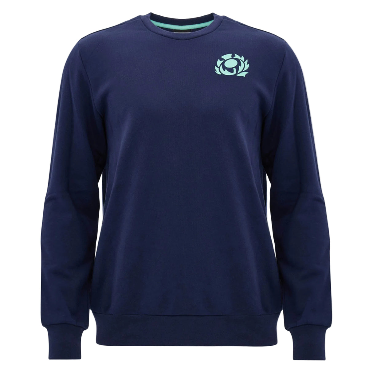 The Scotland SRU 26/27 Leisure Sweatshirt by Macron features a navy blue crewneck design with a light blue emblem on the left chest, inspired by the Scotland Rugby sweatshirt collection, and is presented against a plain white background.